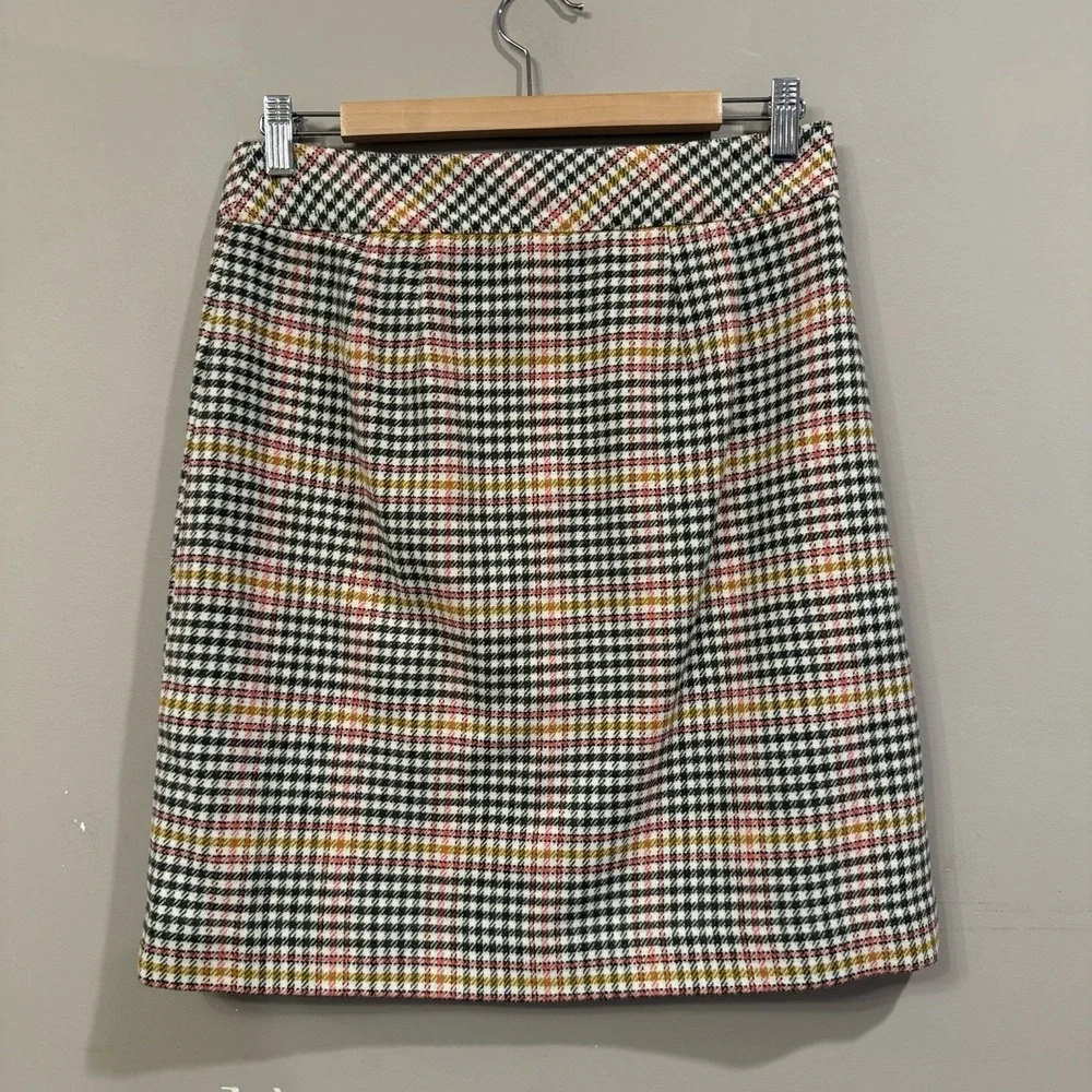 Talbots Wool Pink Green Plaid Faux Button Front Mini Skirt Size 2 Fall Preppy